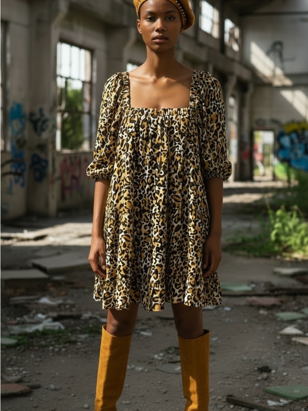 Buddy Love Leopard Print Square-Neck Mini Dress - Gold/Black